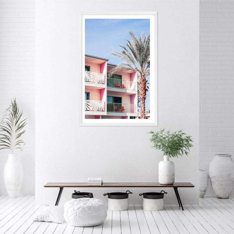 Palm Springs Hotel-The Paper Tree-america,architecture,blue,building,california,colourful,hotel,house,mid century,midcentury,motel,palm,palm springs,pink,portrait,premium art print,property,resort,retro,slim aarons,wall art,Wall_Art,Wall_Art_Prints,yellow