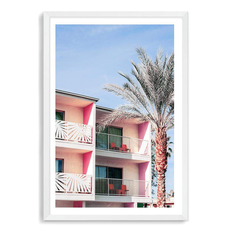 Palm Springs Hotel-The Paper Tree-america,architecture,blue,building,california,colourful,hotel,house,mid century,midcentury,motel,palm,palm springs,pink,portrait,premium art print,property,resort,retro,slim aarons,wall art,Wall_Art,Wall_Art_Prints,yellow