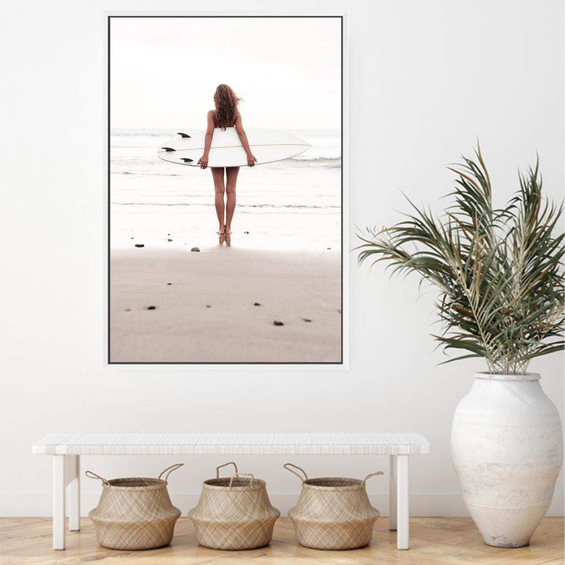 The Girl With The Surf Board-The Paper Tree-beach,boho,coast,coastal,girl,hamptons,neutral,portrait,premium art print,surf,surf board,surfer,wall art,Wall_Art,Wall_Art_Prints,white surf board