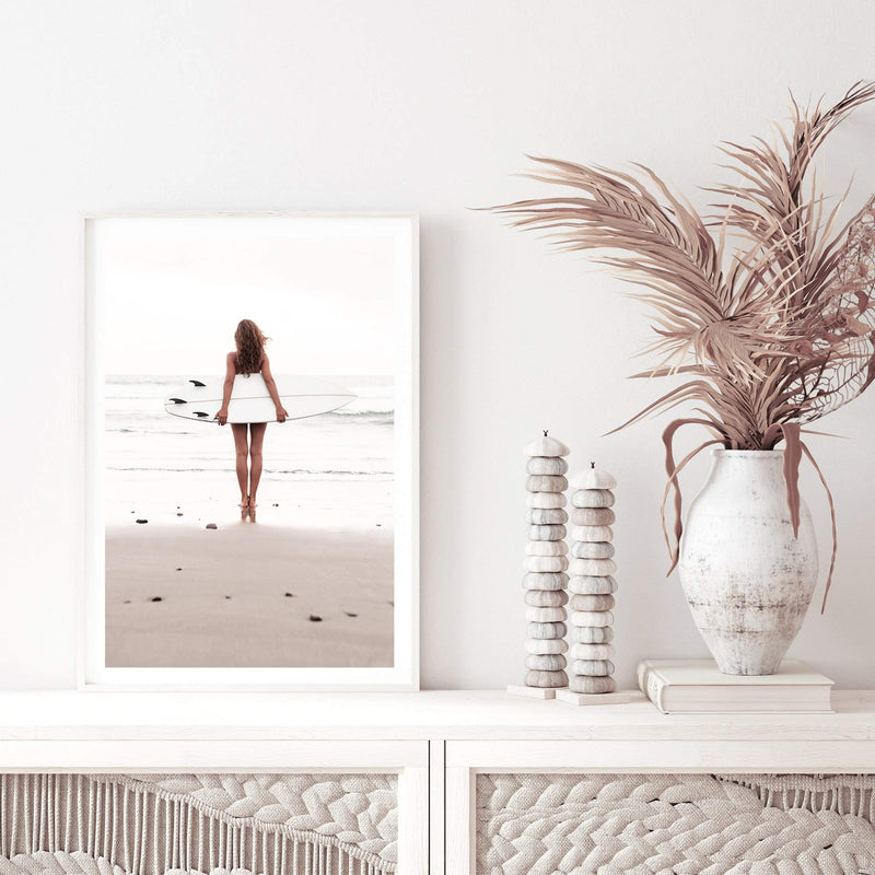 The Girl With The Surf Board-The Paper Tree-beach,boho,coast,coastal,girl,hamptons,neutral,portrait,premium art print,surf,surf board,surfer,wall art,Wall_Art,Wall_Art_Prints,white surf board