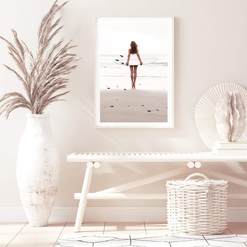 The Girl With The Surf Board-The Paper Tree-beach,boho,coast,coastal,girl,hamptons,neutral,portrait,premium art print,surf,surf board,surfer,wall art,Wall_Art,Wall_Art_Prints,white surf board