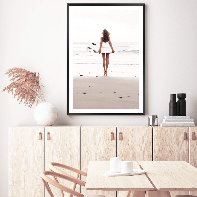 The Girl With The Surf Board-The Paper Tree-beach,boho,coast,coastal,girl,hamptons,neutral,portrait,premium art print,surf,surf board,surfer,wall art,Wall_Art,Wall_Art_Prints,white surf board