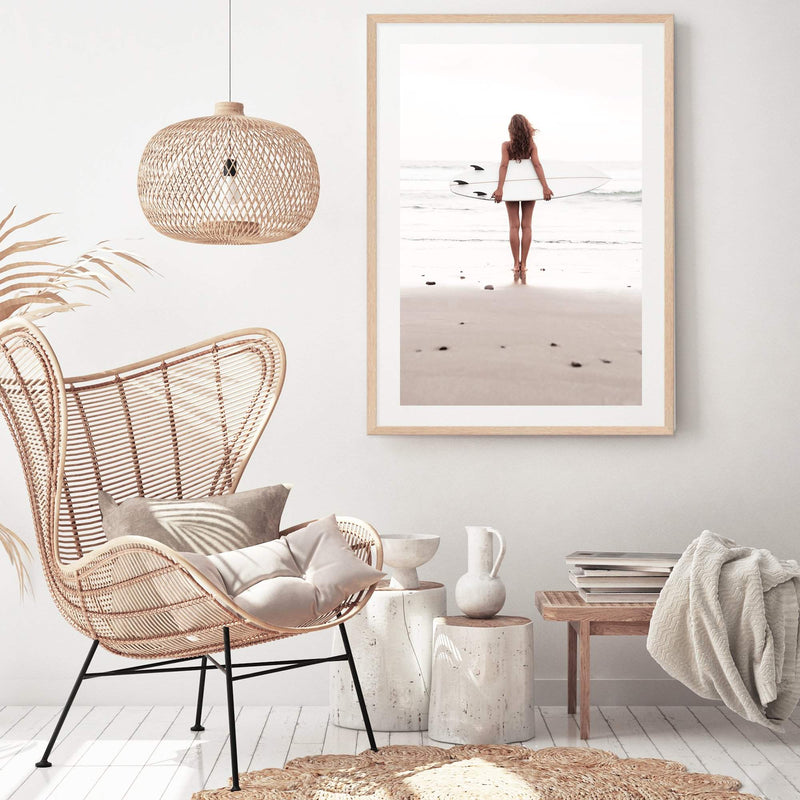 The Girl With The Surf Board-The Paper Tree-beach,boho,coast,coastal,girl,hamptons,neutral,portrait,premium art print,surf,surf board,surfer,wall art,Wall_Art,Wall_Art_Prints,white surf board