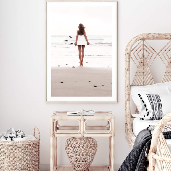 The Girl With The Surf Board-The Paper Tree-beach,boho,coast,coastal,girl,hamptons,neutral,portrait,premium art print,surf,surf board,surfer,wall art,Wall_Art,Wall_Art_Prints,white surf board