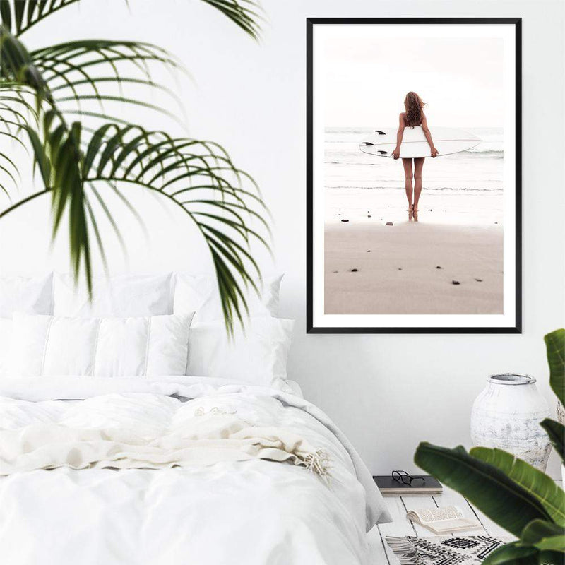 The Girl With The Surf Board-The Paper Tree-beach,boho,coast,coastal,girl,hamptons,neutral,portrait,premium art print,surf,surf board,surfer,wall art,Wall_Art,Wall_Art_Prints,white surf board