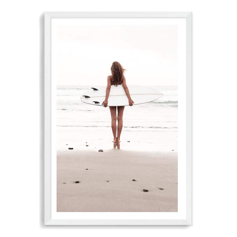 The Girl With The Surf Board-The Paper Tree-beach,boho,coast,coastal,girl,hamptons,neutral,portrait,premium art print,surf,surf board,surfer,wall art,Wall_Art,Wall_Art_Prints,white surf board