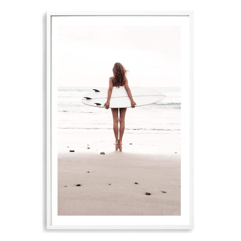 The Girl With The Surf Board-The Paper Tree-beach,boho,coast,coastal,girl,hamptons,neutral,portrait,premium art print,surf,surf board,surfer,wall art,Wall_Art,Wall_Art_Prints,white surf board