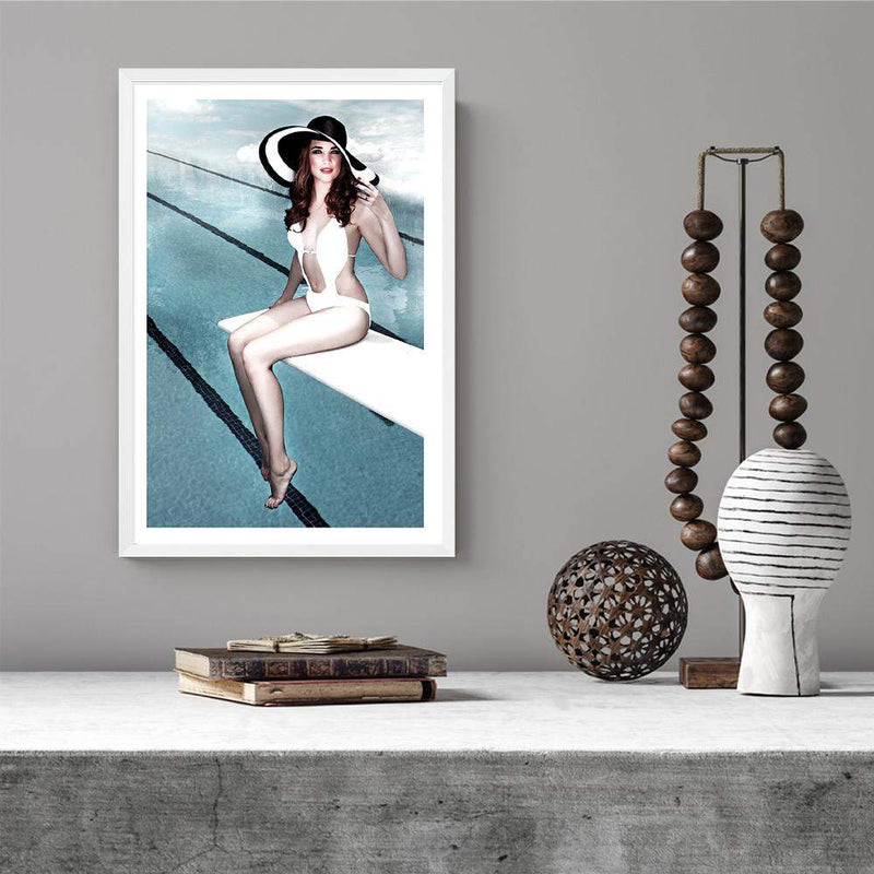 Pool Side-The Paper Tree-bathing suit,beautiful woman,hamptons,hat,palm springs,pool,pool side,portrait,premium art print,retro,vintage,wall art,Wall_Art,Wall_Art_Prints,woman