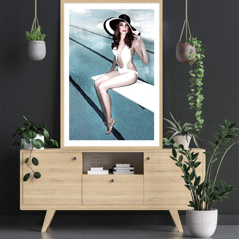 Pool Side-The Paper Tree-bathing suit,beautiful woman,hamptons,hat,palm springs,pool,pool side,portrait,premium art print,retro,vintage,wall art,Wall_Art,Wall_Art_Prints,woman