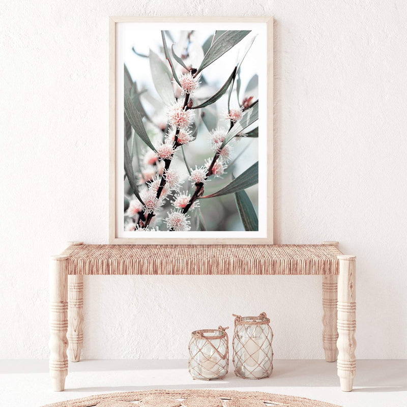 Eucalyptus Wild Flower-The Paper Tree-australia,australian,australian native,australiana,botanical,eucalyptus,flower,green,gum,gum leaves,leaf,leaves,muted tone,native,pink,portrait,premium art print,wall art,Wall_Art,Wall_Art_Prints,white flower,wild flower