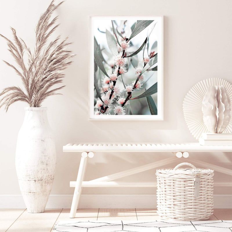 Eucalyptus Wild Flower-The Paper Tree-australia,australian,australian native,australiana,botanical,eucalyptus,flower,green,gum,gum leaves,leaf,leaves,muted tone,native,pink,portrait,premium art print,wall art,Wall_Art,Wall_Art_Prints,white flower,wild flower