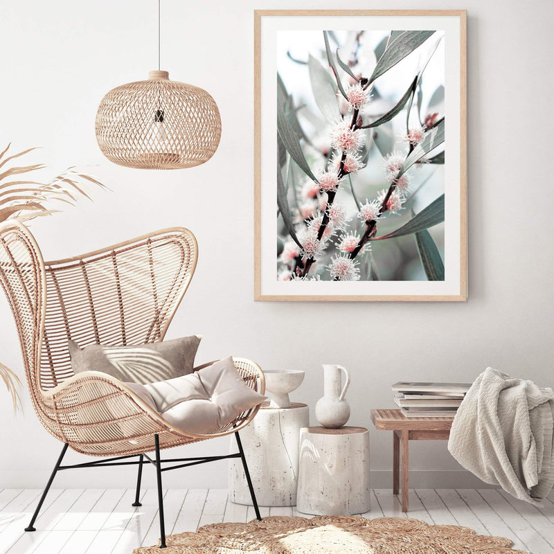 Eucalyptus Wild Flower-The Paper Tree-australia,australian,australian native,australiana,botanical,eucalyptus,flower,green,gum,gum leaves,leaf,leaves,muted tone,native,pink,portrait,premium art print,wall art,Wall_Art,Wall_Art_Prints,white flower,wild flower