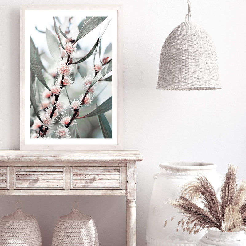 Eucalyptus Wild Flower-The Paper Tree-australia,australian,australian native,australiana,botanical,eucalyptus,flower,green,gum,gum leaves,leaf,leaves,muted tone,native,pink,portrait,premium art print,wall art,Wall_Art,Wall_Art_Prints,white flower,wild flower