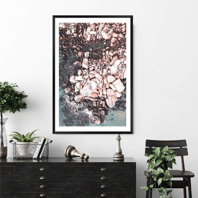 Ocean Rocks III-The Paper Tree-aerial,beach,coast,coastal,hamptons,muted tone,ocean,peach,pink,Portrait,premium art print,rocks,teal,wall art,Wall_Art,Wall_Art_Prints,water