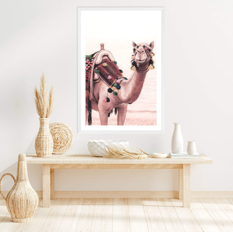 Painted Camel In The Desert-The Paper Tree-Art_Prints,Artwork,boho,burnt orange,camel,desert,Designer,horizon,landscape,moroccan,morocco,MOROCCOW,peach,pink,portrait,premium art print,tan,wall art,Wall_Art,Wall_Art_Prints