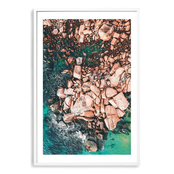 Ocean Rocks IIII-The Paper Tree-aerial,beach,coast,coastal,green,hamptons,ocean,orange,peach,portrait,premium art print,rocks,teal,wall art,Wall_Art,Wall_Art_Prints,water