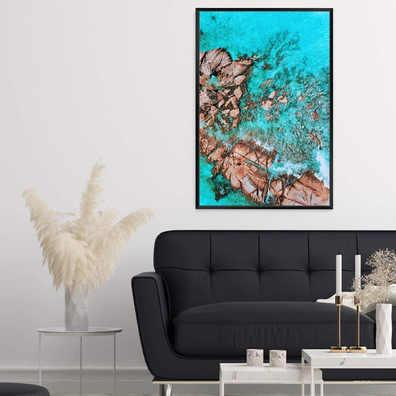 Teal Ocean Rocks IIII-The Paper Tree-aerial,beach,coast,coastal,hamptons,ocean,portrait,premium art print,rocks,teal,wall art,Wall_Art,Wall_Art_Prints,water