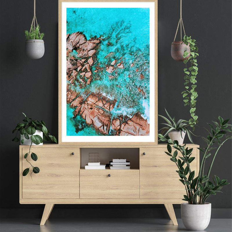 Teal Ocean Rocks IIII-The Paper Tree-aerial,beach,coast,coastal,hamptons,ocean,portrait,premium art print,rocks,teal,wall art,Wall_Art,Wall_Art_Prints,water