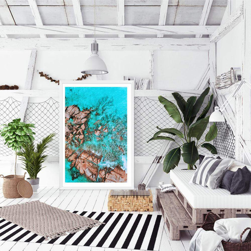 Teal Ocean Rocks IIII-The Paper Tree-aerial,beach,coast,coastal,hamptons,ocean,portrait,premium art print,rocks,teal,wall art,Wall_Art,Wall_Art_Prints,water