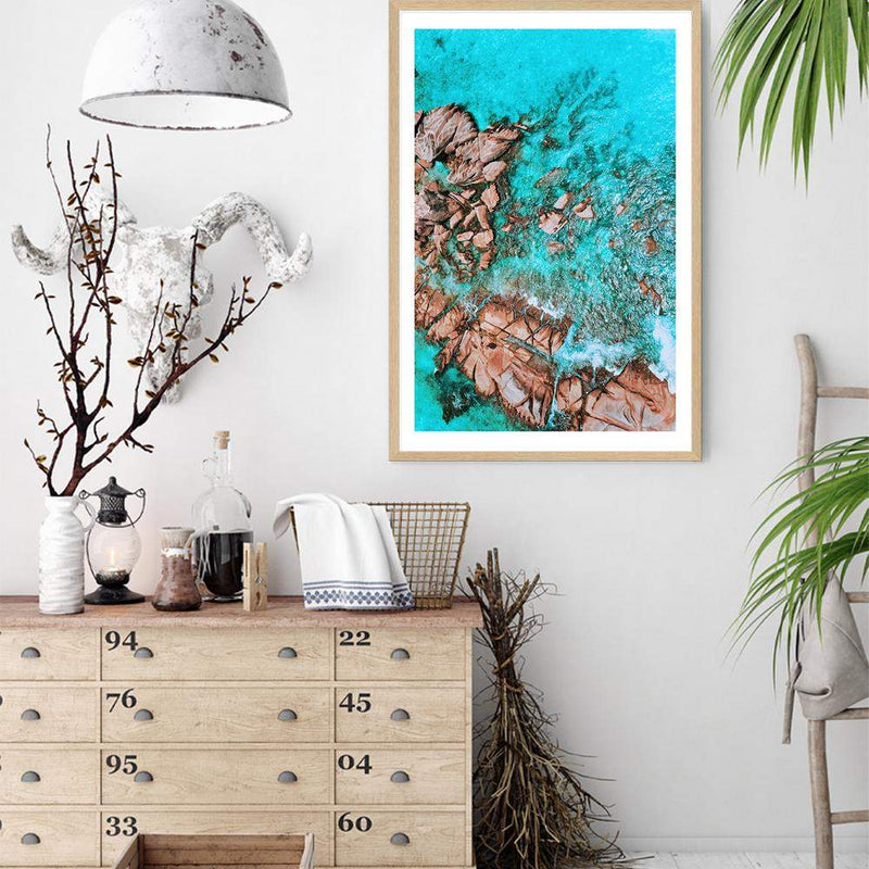 Teal Ocean Rocks IIII-The Paper Tree-aerial,beach,coast,coastal,hamptons,ocean,portrait,premium art print,rocks,teal,wall art,Wall_Art,Wall_Art_Prints,water