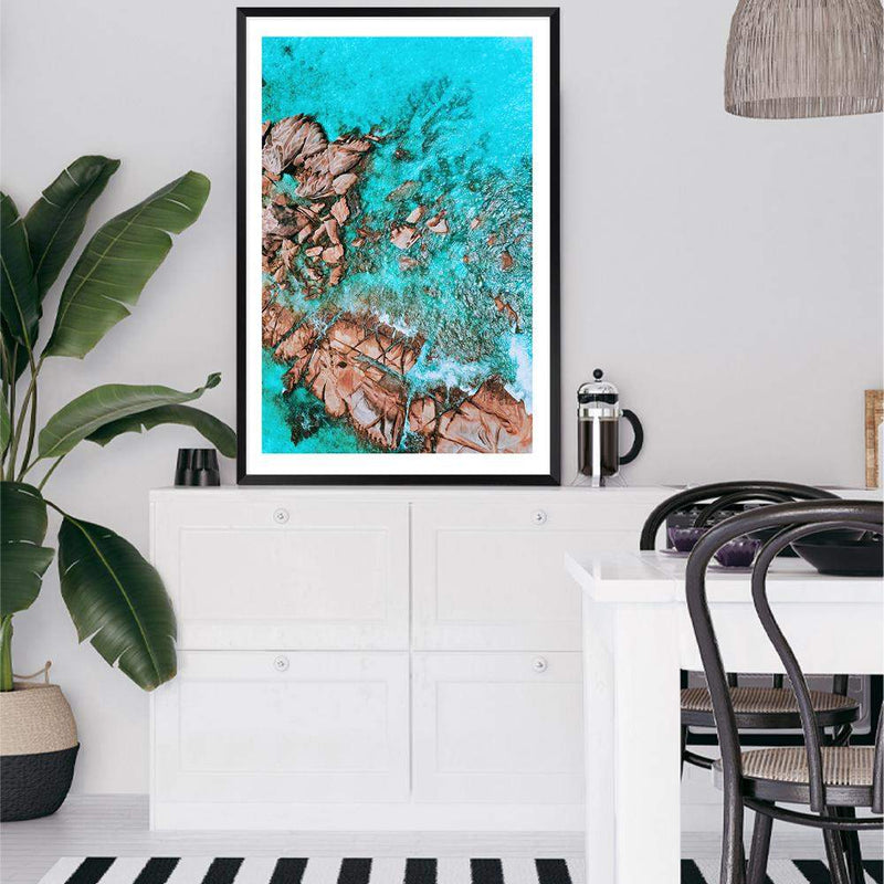 Teal Ocean Rocks IIII-The Paper Tree-aerial,beach,coast,coastal,hamptons,ocean,portrait,premium art print,rocks,teal,wall art,Wall_Art,Wall_Art_Prints,water