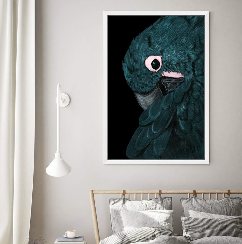 Painted Parrot-The Paper Tree-Artwork,BIRD,Birds,black,blue bird,blue parrot,cockatiel,cockatoo,colourful Bird,feathers,green,hand painted,maccaw,painted bird,parrot,parrots,portrait,premium art print,teal,wall art,Wall_Art,Wall_Art_Prints