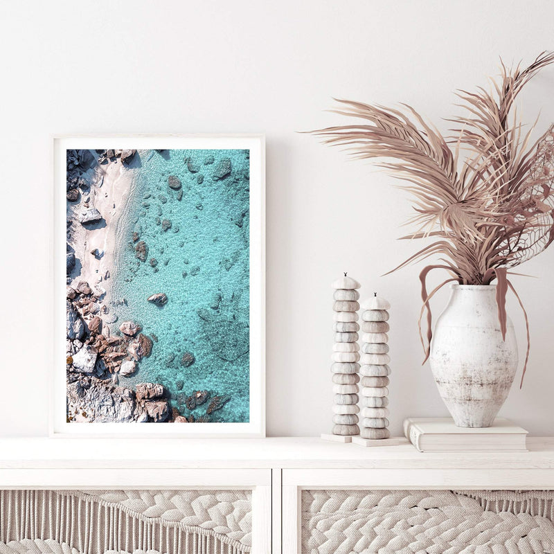 The Cove-The Paper Tree-aerial,beach,clear water,coast,coastal,cove,hamptons,italy,ocean,portrait,premium art print,rocks,teal,tropea,wall art,Wall_Art,Wall_Art_Prints,water