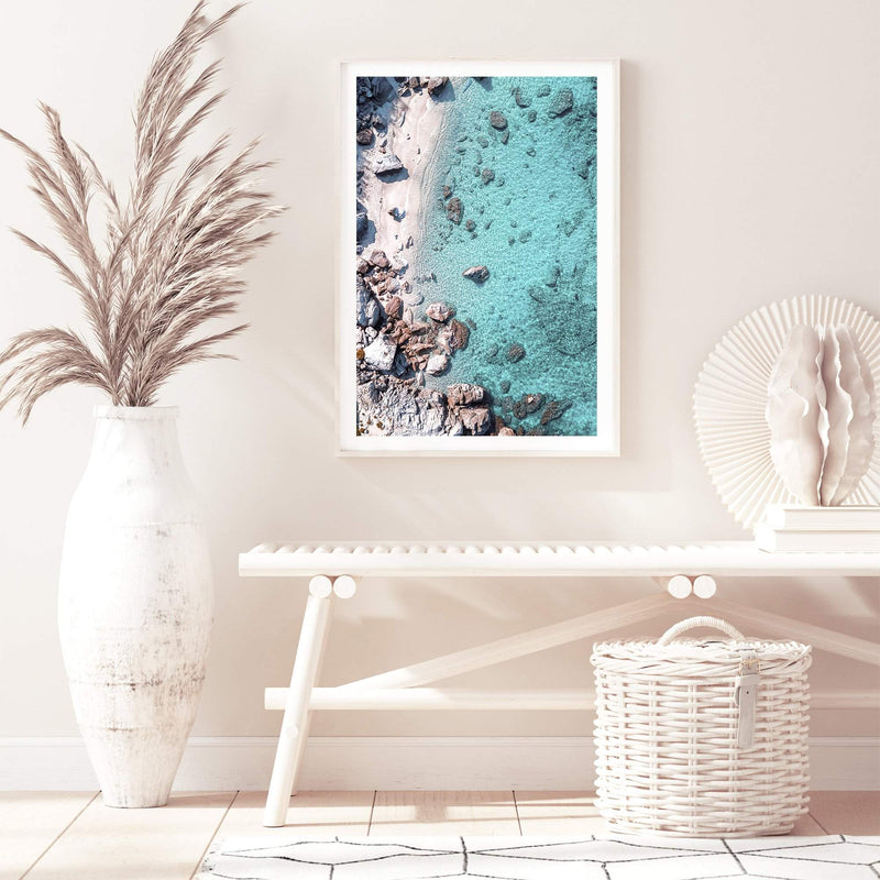 The Cove-The Paper Tree-aerial,beach,clear water,coast,coastal,cove,hamptons,italy,ocean,portrait,premium art print,rocks,teal,tropea,wall art,Wall_Art,Wall_Art_Prints,water