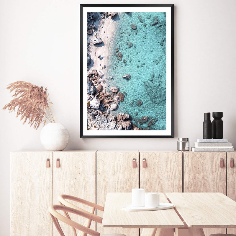 The Cove-The Paper Tree-aerial,beach,clear water,coast,coastal,cove,hamptons,italy,ocean,portrait,premium art print,rocks,teal,tropea,wall art,Wall_Art,Wall_Art_Prints,water