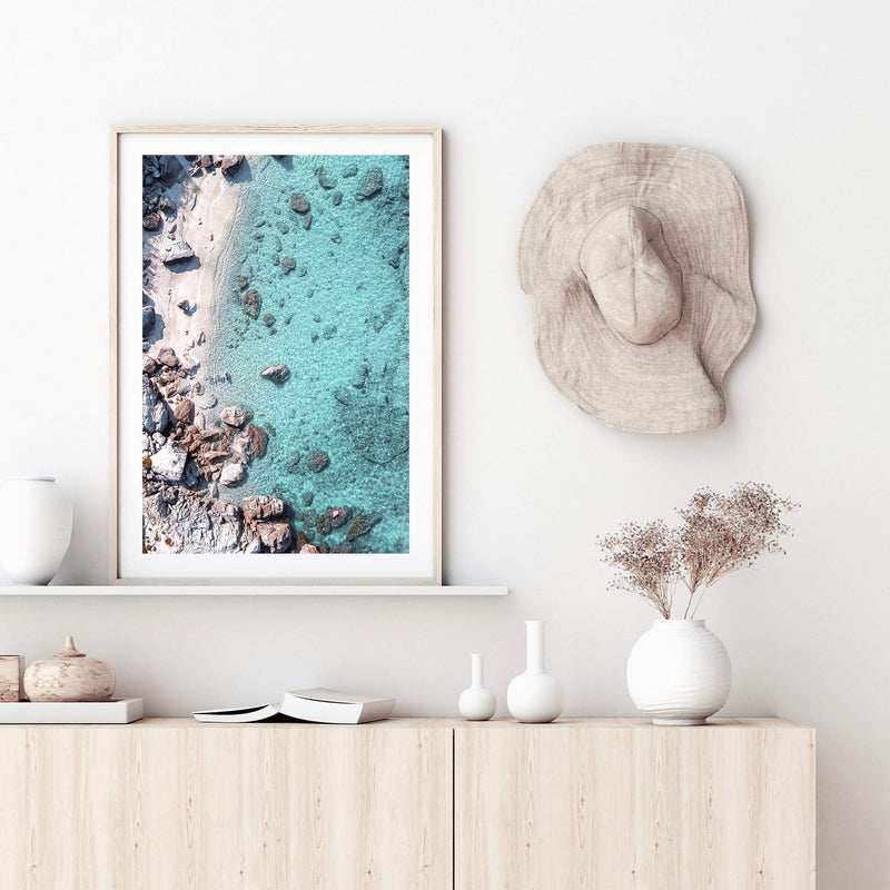 The Cove-The Paper Tree-aerial,beach,clear water,coast,coastal,cove,hamptons,italy,ocean,portrait,premium art print,rocks,teal,tropea,wall art,Wall_Art,Wall_Art_Prints,water