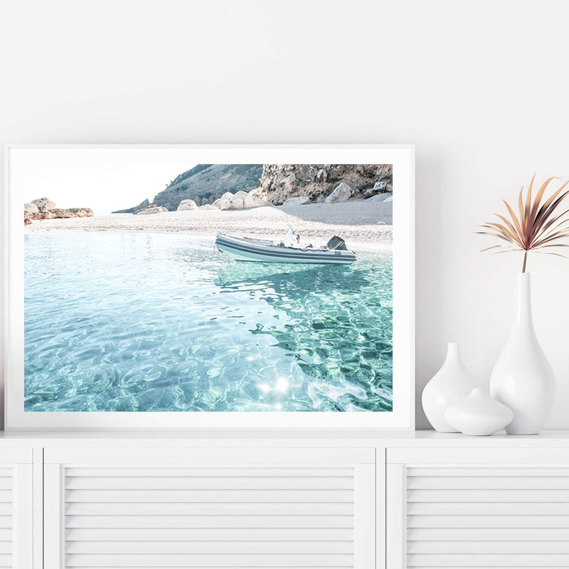 Beach Side Boat-The Paper Tree-beach,boat,boho,clear ocean,clear water,coast,coastal,hamptons,italy,ocean,premium art print,sardinia,sea,seaside,travel,wall art,Wall_Art,Wall_Art_Prints,water