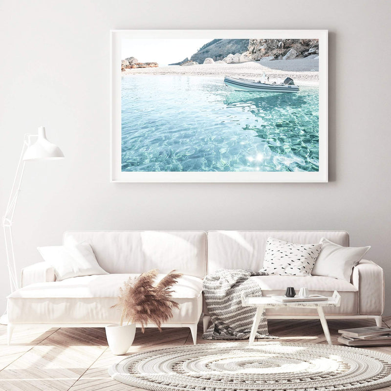 Beach Side Boat-The Paper Tree-beach,boat,boho,clear ocean,clear water,coast,coastal,hamptons,italy,ocean,premium art print,sardinia,sea,seaside,travel,wall art,Wall_Art,Wall_Art_Prints,water