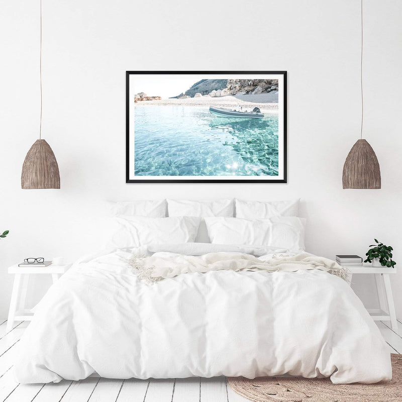 Beach Side Boat-The Paper Tree-beach,boat,boho,clear ocean,clear water,coast,coastal,hamptons,italy,ocean,premium art print,sardinia,sea,seaside,travel,wall art,Wall_Art,Wall_Art_Prints,water