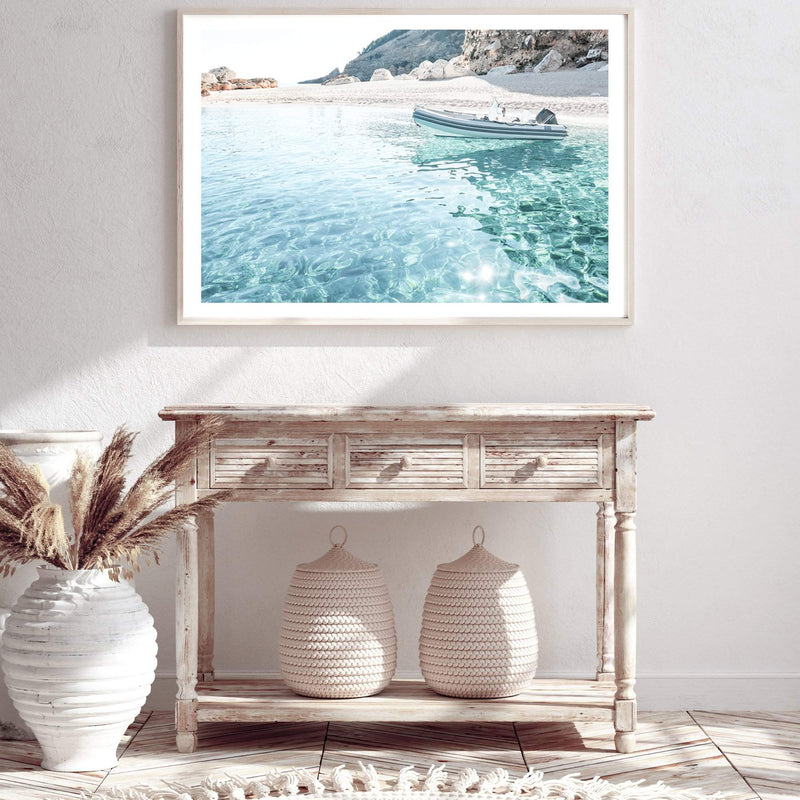 Beach Side Boat-The Paper Tree-beach,boat,boho,clear ocean,clear water,coast,coastal,hamptons,italy,ocean,premium art print,sardinia,sea,seaside,travel,wall art,Wall_Art,Wall_Art_Prints,water