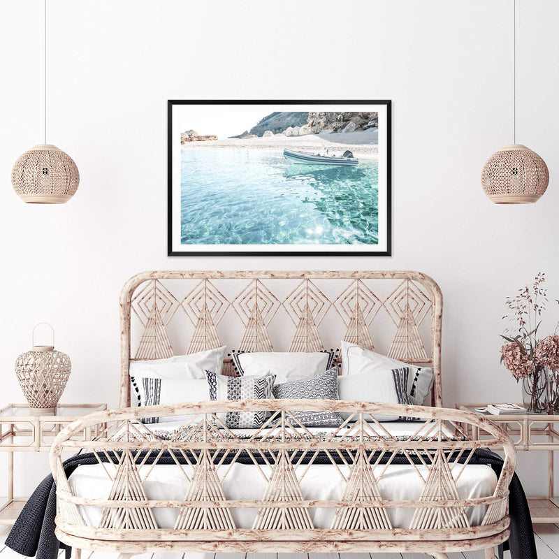 Beach Side Boat-The Paper Tree-beach,boat,boho,clear ocean,clear water,coast,coastal,hamptons,italy,ocean,premium art print,sardinia,sea,seaside,travel,wall art,Wall_Art,Wall_Art_Prints,water