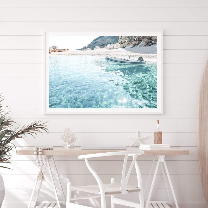 Beach Side Boat-The Paper Tree-beach,boat,boho,clear ocean,clear water,coast,coastal,hamptons,italy,ocean,premium art print,sardinia,sea,seaside,travel,wall art,Wall_Art,Wall_Art_Prints,water