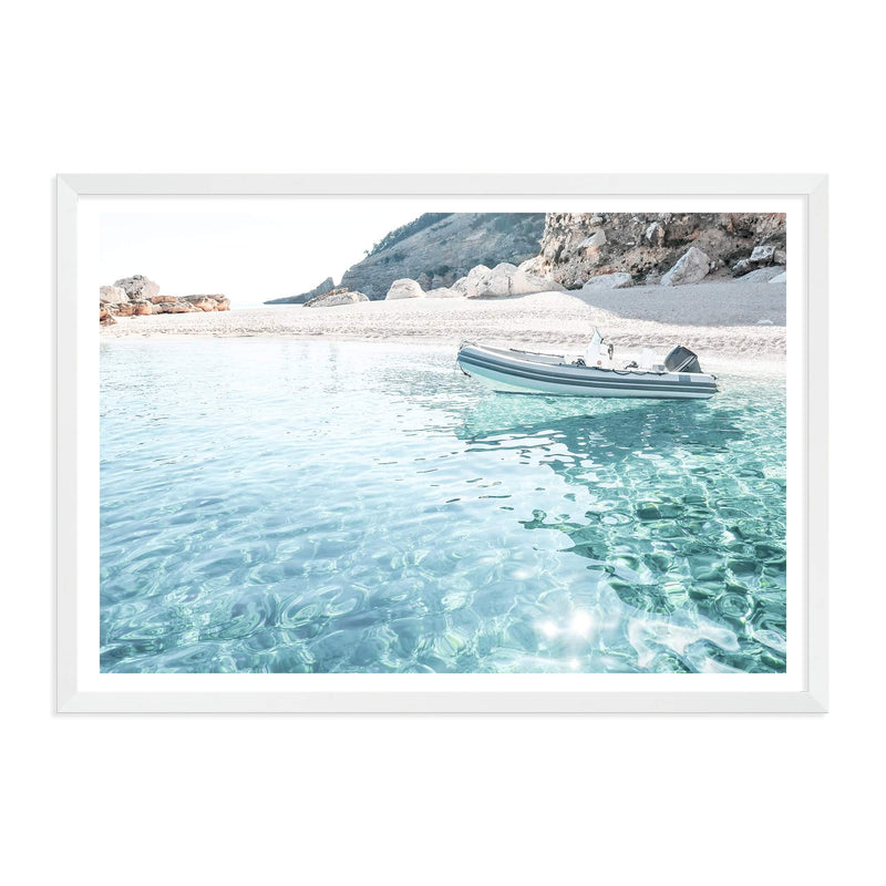 Beach Side Boat-The Paper Tree-beach,boat,boho,clear ocean,clear water,coast,coastal,hamptons,italy,ocean,premium art print,sardinia,sea,seaside,travel,wall art,Wall_Art,Wall_Art_Prints,water