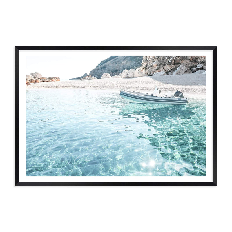 Beach Side Boat-The Paper Tree-beach,boat,boho,clear ocean,clear water,coast,coastal,hamptons,italy,ocean,premium art print,sardinia,sea,seaside,travel,wall art,Wall_Art,Wall_Art_Prints,water