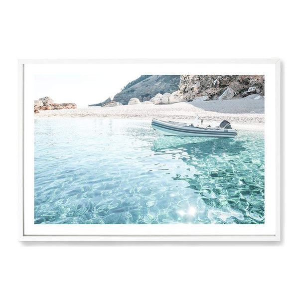 Beach Side Boat-The Paper Tree-beach,boat,boho,clear ocean,clear water,coast,coastal,hamptons,italy,ocean,premium art print,sardinia,sea,seaside,travel,wall art,Wall_Art,Wall_Art_Prints,water