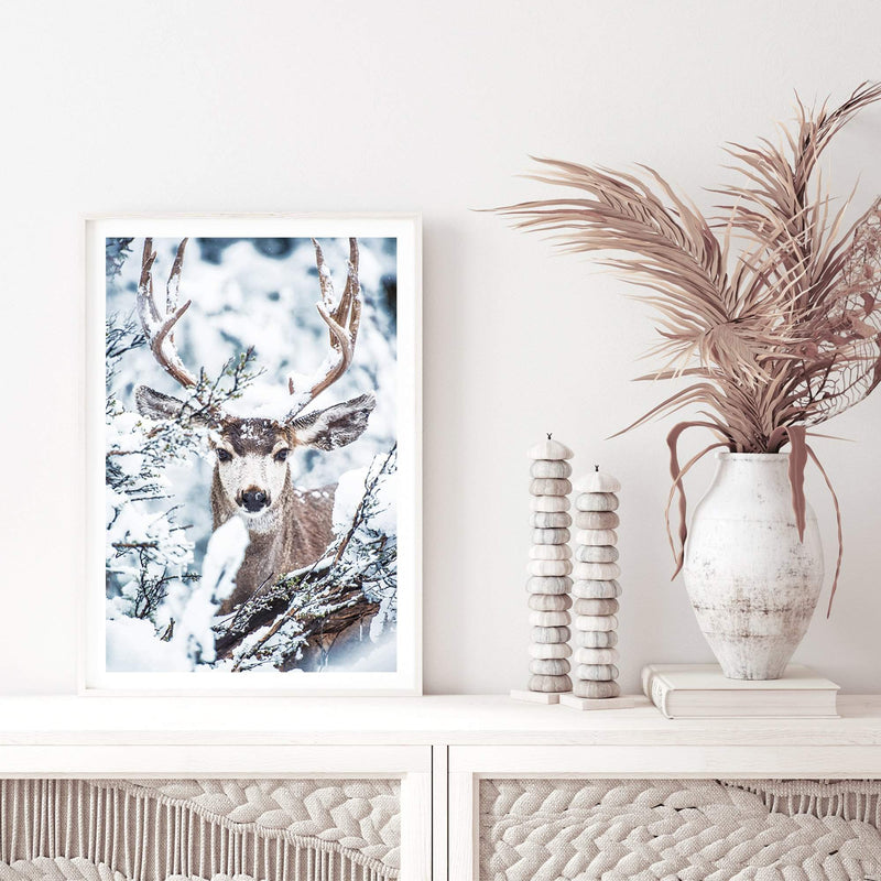 Deer In The Forest-The Paper Tree-animal,blue,christmas,deer,elk,forest,nature,portrait,premium art print,stag,TAN,trees,wall art,Wall_Art,Wall_Art_Prints,white,woods,xmas