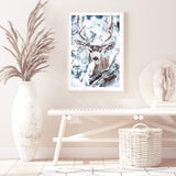 Deer In The Forest-The Paper Tree-animal,blue,christmas,deer,elk,forest,nature,portrait,premium art print,stag,TAN,trees,wall art,Wall_Art,Wall_Art_Prints,white,woods,xmas