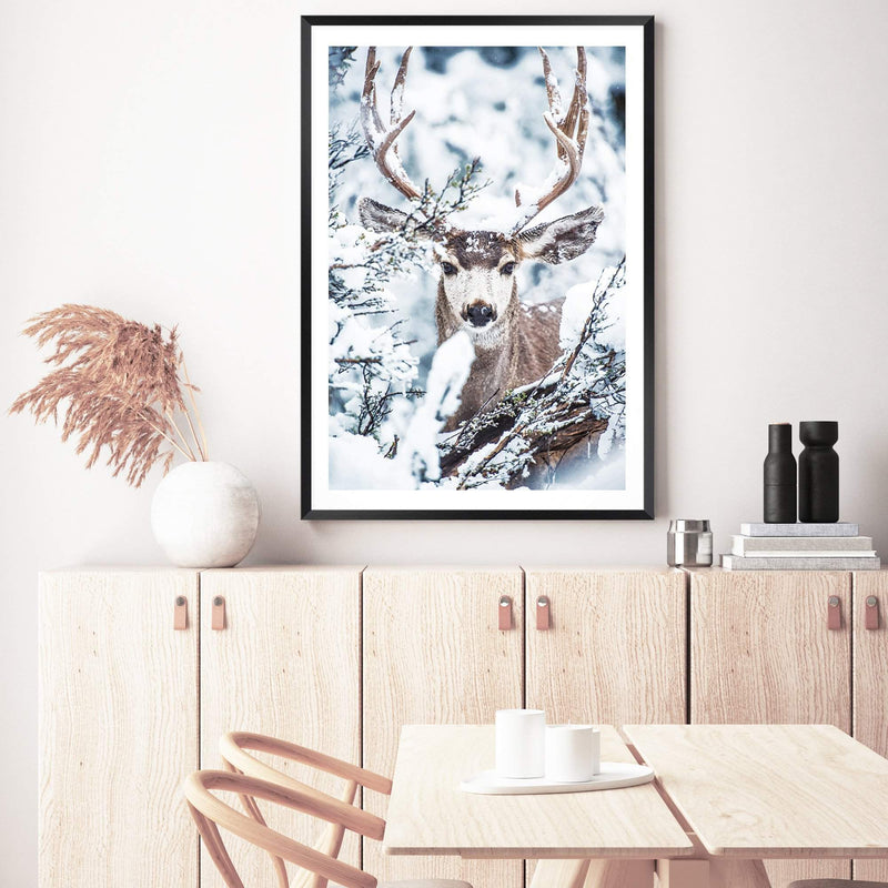 Deer In The Forest-The Paper Tree-animal,blue,christmas,deer,elk,forest,nature,portrait,premium art print,stag,TAN,trees,wall art,Wall_Art,Wall_Art_Prints,white,woods,xmas