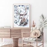 Deer In The Forest-The Paper Tree-animal,blue,christmas,deer,elk,forest,nature,portrait,premium art print,stag,TAN,trees,wall art,Wall_Art,Wall_Art_Prints,white,woods,xmas