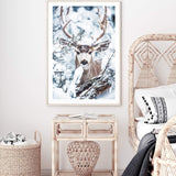 Deer In The Forest-The Paper Tree-animal,blue,christmas,deer,elk,forest,nature,portrait,premium art print,stag,TAN,trees,wall art,Wall_Art,Wall_Art_Prints,white,woods,xmas