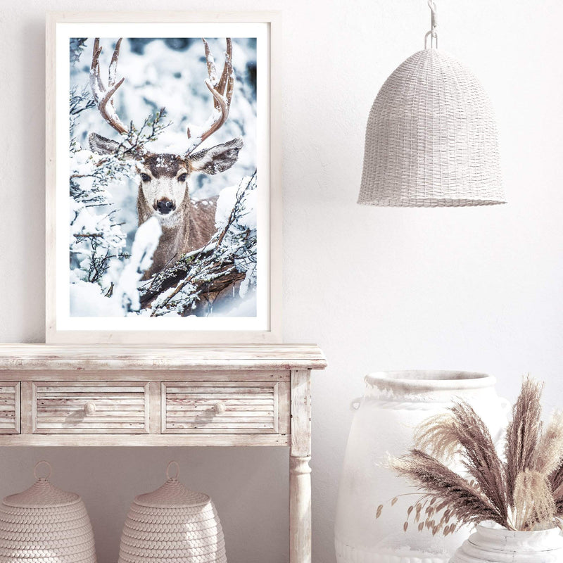 Deer In The Forest-The Paper Tree-animal,blue,christmas,deer,elk,forest,nature,portrait,premium art print,stag,TAN,trees,wall art,Wall_Art,Wall_Art_Prints,white,woods,xmas