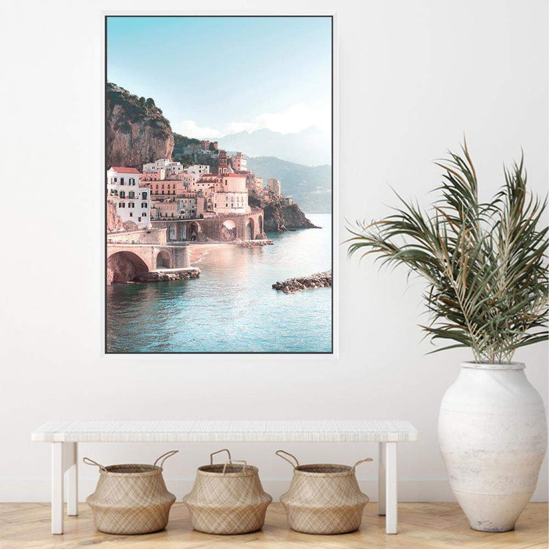 Amalfi City | Amalfi Coast-The Paper Tree-Amalfi,amalfi city,amalfi coast,architecture,blue,boho,building,city,coast,coastline,italy,ocean,pastel,pink,portrait,premium art print,teal,town,village,wall art,Wall_Art,Wall_Art_Prints,water