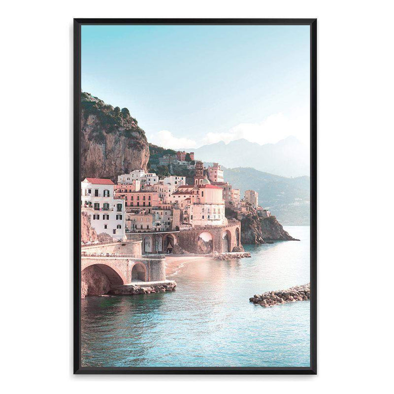 Amalfi City | Amalfi Coast-The Paper Tree-Amalfi,amalfi city,amalfi coast,architecture,blue,boho,building,city,coast,coastline,italy,ocean,pastel,pink,portrait,premium art print,teal,town,village,wall art,Wall_Art,Wall_Art_Prints,water