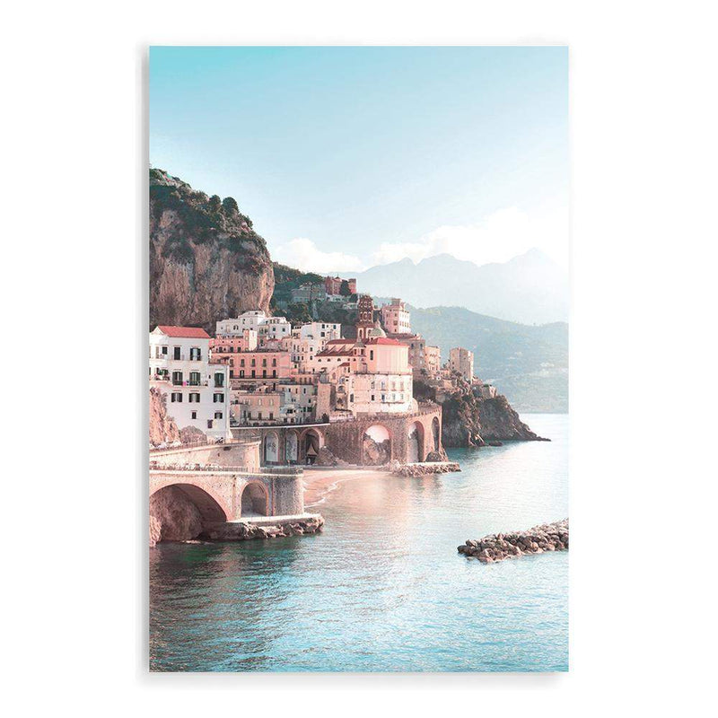 Amalfi City | Amalfi Coast-The Paper Tree-Amalfi,amalfi city,amalfi coast,architecture,blue,boho,building,city,coast,coastline,italy,ocean,pastel,pink,portrait,premium art print,teal,town,village,wall art,Wall_Art,Wall_Art_Prints,water