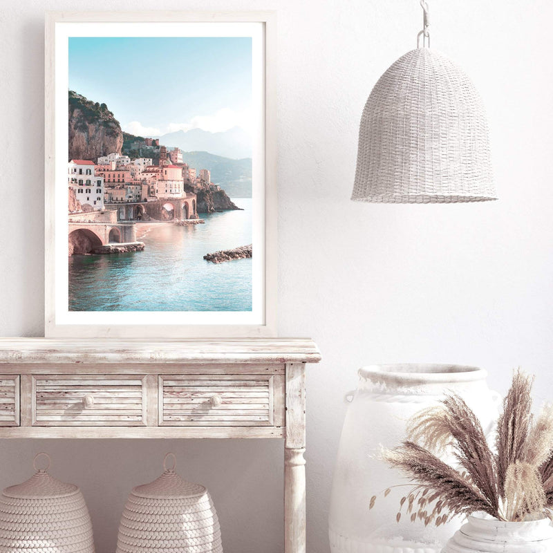 Amalfi City | Amalfi Coast-The Paper Tree-Amalfi,amalfi city,amalfi coast,architecture,blue,boho,building,city,coast,coastline,italy,ocean,pastel,pink,portrait,premium art print,teal,town,village,wall art,Wall_Art,Wall_Art_Prints,water