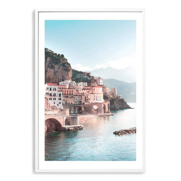 Amalfi City | Amalfi Coast-The Paper Tree-Amalfi,amalfi city,amalfi coast,architecture,blue,boho,building,city,coast,coastline,italy,ocean,pastel,pink,portrait,premium art print,teal,town,village,wall art,Wall_Art,Wall_Art_Prints,water